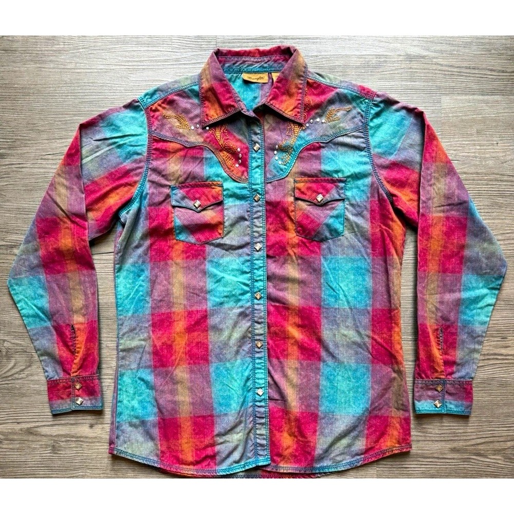 Wrangler Women's M Colorful Plaid Western Shirt Embroidered Rhinestone Snap